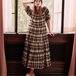THE GREAT. Size S/M Sea Glass Dress Navy Country Plaid Smocked Tiered Maxi Midi